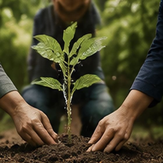 Volunteers planting saplings at a community clean-up